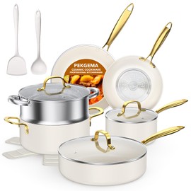 PekGema Ceramic Cookware Set 15-Pieces, Pots and Pans Set Non Stick, Oven Safe Non Toxic, Kitchen Cookware Set, PFOA PTFE FREE, Gold White