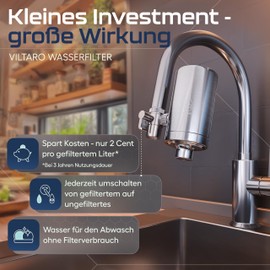 VILTARO® Water Filter Tap - Drinking Water Filter with Activated Carbon Filter, Filter Tap Including Filter Cartridge - BPA Free, Stainless Steel, Easy Assembly, Removes Harmful Substances, Only 2