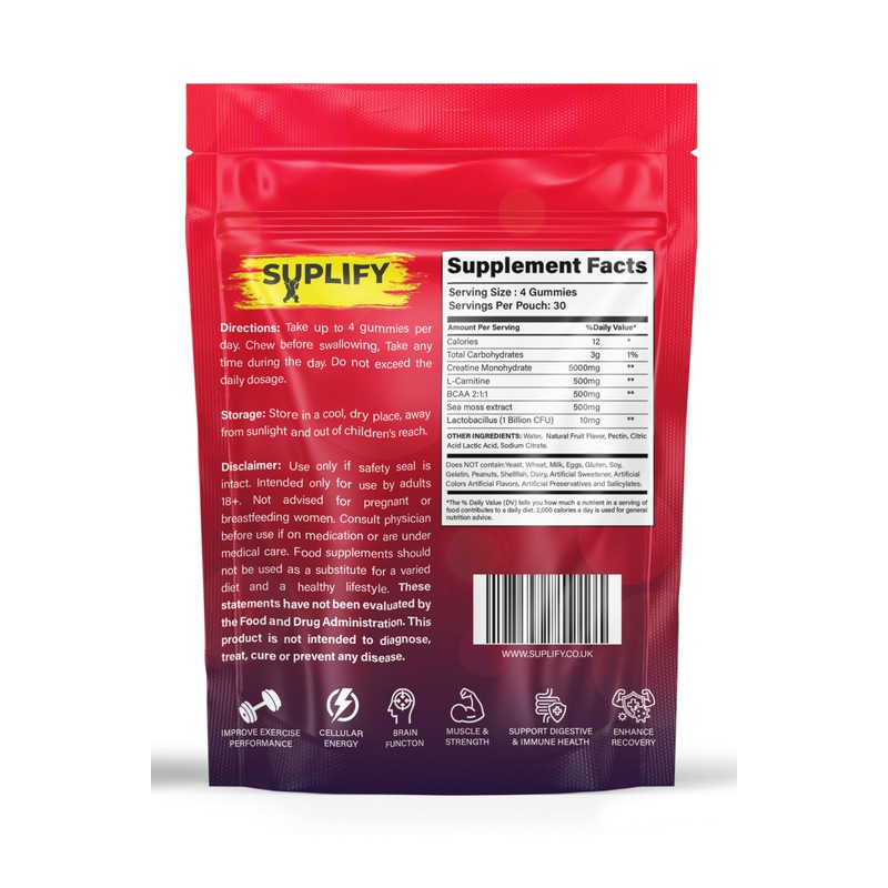 Suplify, Max 5000mg, 120 Creatine Monohydrate Gummies, Added 500mg BCAAs