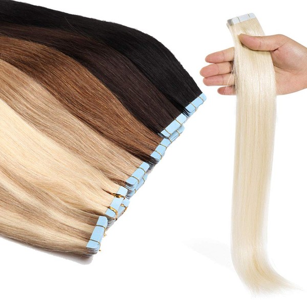 Rooted Tape In Human Hair Extensions Invisible Seamless Skin Weft Double Side Tape Remy Human Hair Extensions Natural Straight For Women (16'',50g/20pcs,#60 Platinum Blonde)
