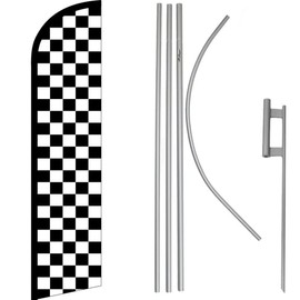 Trade Winds Black & White Checkered Windless Banner Flag & 16ft Flagpole Kit/Ground