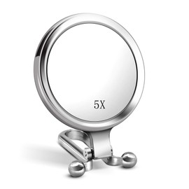 Stianiiie 1X/5X Handheld Mirror, Tabletop Mount, Modern Personal Compact Travel Mirror, Silver Frameless, 5.7"L x 3.5"W