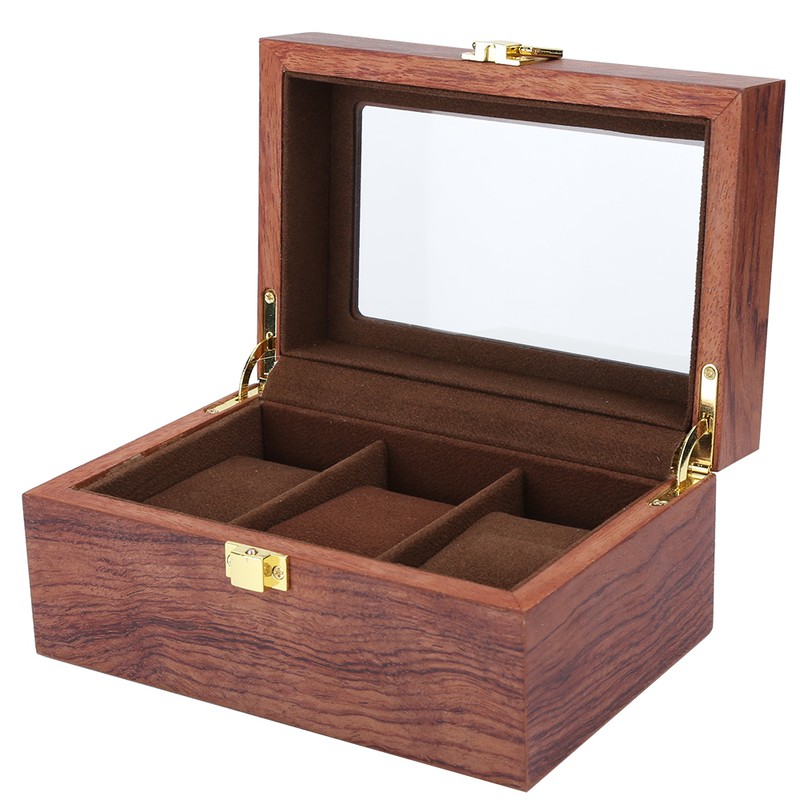 Wooden 3 Grid Watch Display Box Transparent Window Anti‑Slip Watch
