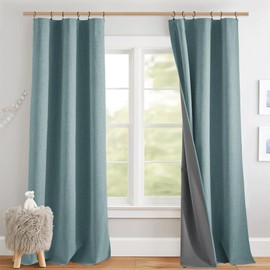 NICETOWN Skylark Blue Full Blackout Back Tab Linen Curtains 84" Long 2 Panels Set, Boho-Chic Thick Linen Blend Drapes, Insulated Small Window Covers Draperies with White Backing for Cafe (42" Wide)