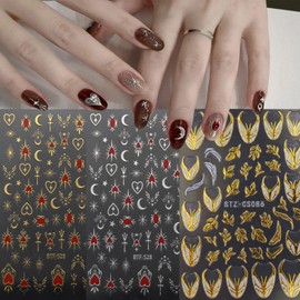 Gold Silver Nail Art Sticker Decals 3D Embossed Love Heart Stars Design Nail Decals Self-Adhesive Vintage Flowers Leaves and Angel Eyes Nail Art Sticker Decoration for Women Manicure Supplies (8Sheet)