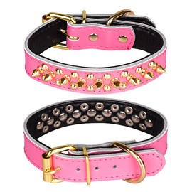 haoyueer Spiked Studded Dog Collar, Genuine Leather Dog Collar, Adjustable Pet Collars for Medium Large Bulldog Pitbull Mastiff Poodle Boxer (L, Hot Pink)
