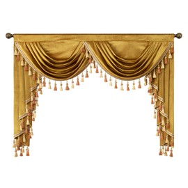 VOGOL Yellow Waterfall Valances for Farmhouse, Light Reducing Velvet Swag Valance with Tassels for Guest Room, Vintage Style Rod Pocket Drapes for Living Room, 59 Inches Wide, Gold
