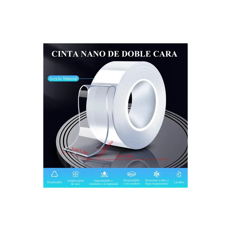 Cinta Nano Adhesiva De Doble Cara Lavable Reutilizable 20m