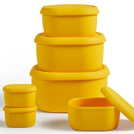 ISSEVE 6Pcs/Set Nesting Silicone Food Storage Containers with Lids, BPA Free Reusable Meal Prep Silicone Containers Lunch Box Bento Box Set (33.8oz, 20oz, 10oz, 6.7oz, 1.3oz) (Yellow)