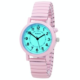 Blekon Women's Light Up Dial Watch, Analog Display, 33mm Metal Case, Push Button, Glossy Expansion Band, White (Pink)