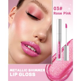 Glitter Lip Gloss Pink, Metallic Shimmer Liquid Lipstick 24 Hours Hold, Waterproof Non-Stick Cup Diamond Glitter Lip Gloss, Highly Pigmented Sparkly Lip Gloss Lip Makeup, Gifts for Women 03