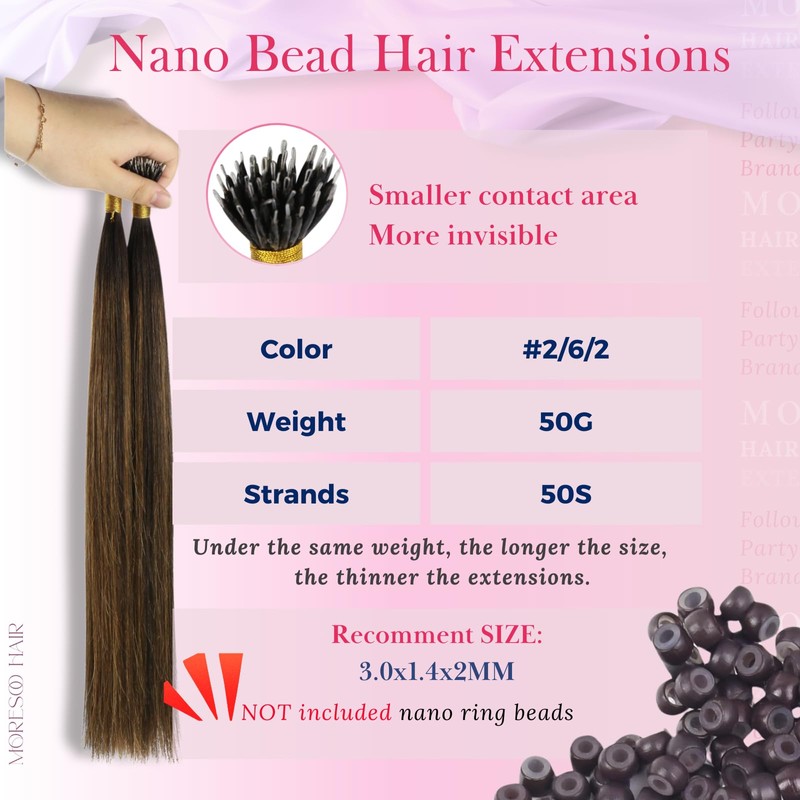 Moresoo Nanoring Real Hair Extensions, 45 cm, Root Brown to