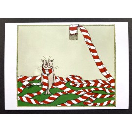 Pomegranate *ONE* NEW Edward Gorey 7x5 Cat Christmas Holiday Card Funny Red Stripe Scarf 1