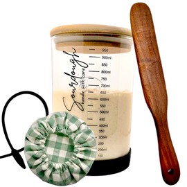Sourdough Starter Kit - Sourdough Kit Includes Wooden Spurtle, Glass Jar w/ Bamboo Lid, Cloth & More - Non-Slip Silicone Base Sourdough Bread Baking Supplies - Bread Making Kit for Beginners & Pros