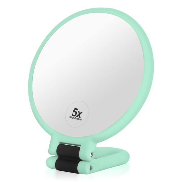 ANEIMIAH - Espejo de maquillaje de viaje de 5 aumentos, espejo de cambiador de mano de doble cara con asa, rotación de 360°, diseño ligero y plegable, adecuado para maquillaje de computadora, verde claro