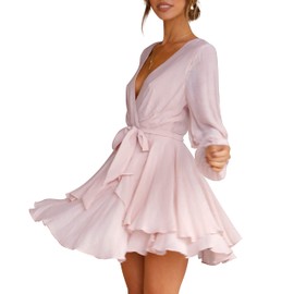 Cosonsen Womens Party Dress Deep V-Neck Long Sleeve Tie Waist Cute Mini Dress Pink M