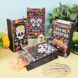 Konsait 12 Pack Dia De Los Muertos Treat Bags Sugar Skull Day of the Dead Gift Bags with Stickers Dia De Los Muertos Candy Bags Goodie Bags Day of the Dead Party Favor Bags