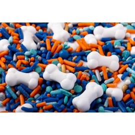 Blue and Orange Themed Sprinkle Mix with Dog Bone Candy for Decorating Cakes, Cookies, Cupcakes, Treats, and Candy. 3 Ounces with Resealable Packaging