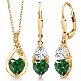 Gem Stone King 18K Yellow Gold Plated Silver Green Nano Emerald Pendant Earrings Set For Women (3.94 Cttw, Gemstone May Birthstone, with 18 Inch Chain)