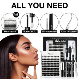 Lash Clusters Kit, DIY 3D Cluster Eyelash Extensions 10‑18mm,144pcs Fluffy D Curl Soft Natural Lashes with Lash Bond and Seal,Tweezers, Remover–Natural Fake Cat Eye Wispy Individual Clusters（151-2-L）