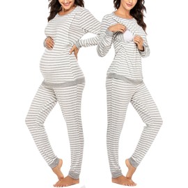 Ekouaer Nursing Pyjamas Women's Pregnancy Long Sleeve Striped Thermal Maternity Pyjamas Set Winter S-XXL, A-light grey stripes