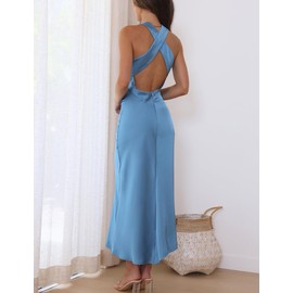 Halfisland Summer Satin High Neck Backless Sleeveless Midi Dresses for Women Elegant Mock Neck High Waist Cross Back Cocktail Dress Blue