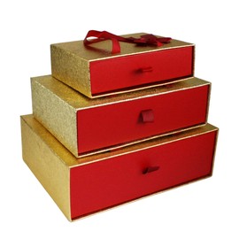 Emartbuy Set of 3 Rigid Luxury Rectangle Presentation Gift Box, Metallic Gold/Red Box with White Interior, Satin Bow and Carry Handle