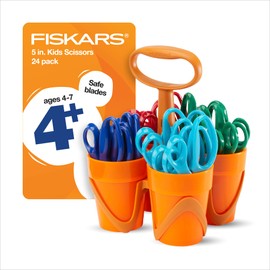 Fiskars 5" Pointed-Tip Scissors Classpack for Kids Ages 4-7 with Art Caddy Organizer (24-Pack), Kids Scissors for School or Crafting, Back to School Supplies, Assorted Colors