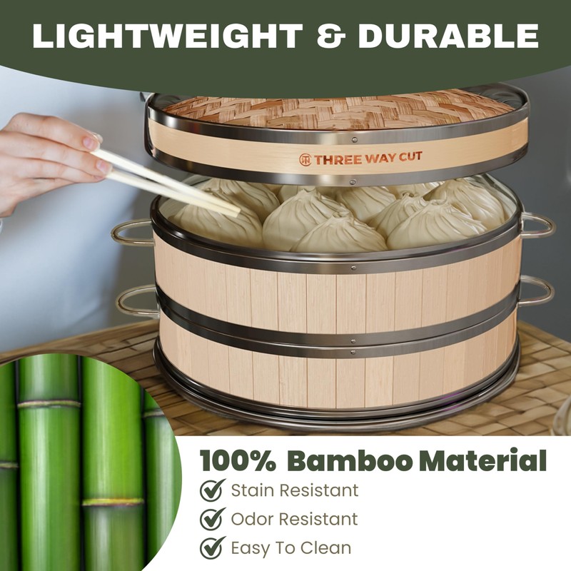 2-tier 12" Bamboo Steamer with Reinforcement & Handle, Reusable Silicone