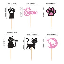 Zpilkes 24PCS Cat Cupcake Toppers Cat Meow Cat Paw Cupcake Toppers black pink Glitter Decoration for Kitten Themed Baby Shower Kids Birthday Party Supplies
