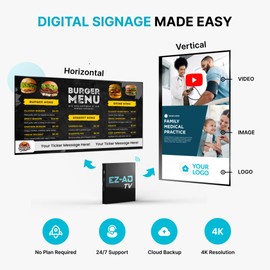 EZ AD TV Digital Signage Player, Digital Signage 4k Player Kit, Auto-Post Content, Cloud-Controlled, Add Your PowerPoint Presentation, Free Plan & Mobile App, Thousands of Templates