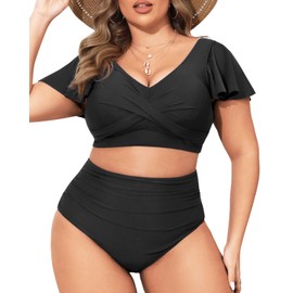 Daci Plus Size Two Piece Swimsuits - High Waisted Bikini with Sleeves for Women Bathing Suit Swimwear, Black, 16 Plus