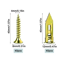 YuCool 80PCS Self-Drilling Anchors, Metal Screw Anchors Kit, 40 Sheetrock Anchor (0.47x1.57 Inch) and 40 Zinc Plated Screws