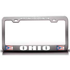 Customola - Happiness is Being in Ohio w/Flag State Flag Steel Metal License Plate Frame Ch