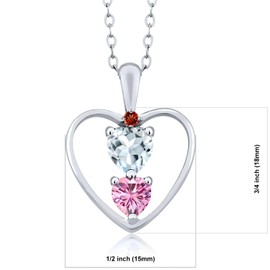 Gem Stone King 925 Sterling Silver Sky Blue Aquamarine Pink Moissanite and Red Garnet Pendant Necklace For Women (0.67 Cttw, Gemstone March Birthstone, Heart 5MM and 4MM, with 18 Inch Silver Chain)