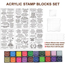 GLASSWINDS 6 Pcs Christian Bible Verse Clear Stamps for Card Making Supplies 20 Craft Ink Pad 3 Acrylic Stamp Block Silicone Stamp with Bless Words Rubber Stamps for Crafting DIY Scrapbooking Journal