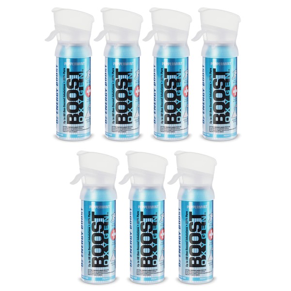 Boost Oxygen Pocket Sized 3 Liter Natural Pure Canned Oxygen Bottle Canister with Built In Mouthpiece for High Altitudes, Peppermint Flavor (7 Pack)