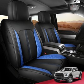 FREESOO for Ford F150 Seat Covers 2015-2025, F250 F350 F450 Crew Cab 2017-2025, Waterproof Car Seat Covers Full Set, Luxury Leather Seat Covers for Cars Trucks Pickup, Car Seats Cushion, Black-Blue