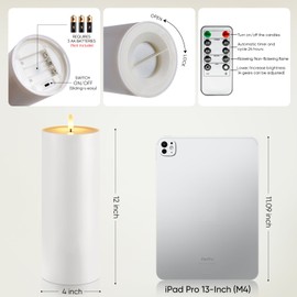 Raycare 2Pcs 4'' X 12'' Large Waterproof Outdoor Flameless Candle, Battery Operated LED Candles with Remote Control and Timer, Electric Fake Plastic Pillar Candles, Ivory