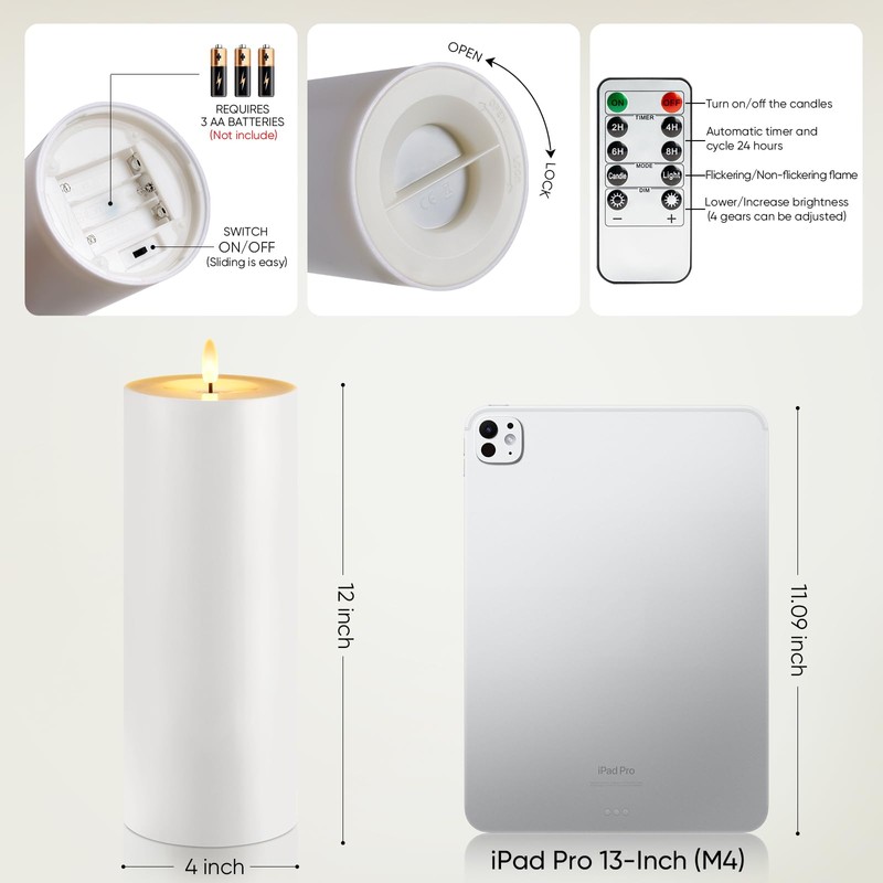 Raycare 2Pcs 4'' X 12'' Large Waterproof Outdoor Flameless Candle,