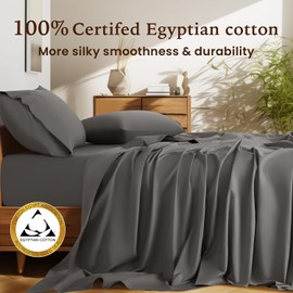 Shilucheng 100% Cotton Queen Size Sheets Set - 1500 Thread Count，Luxury Egyptian Cotton Bed Sheets，5-Star Hotel Quality Sheets, Breathable & Cooling, 16 Inch Deep Pocket - 4 Piece (Dark Grey)