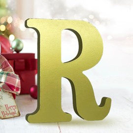 Aocean 6 Inch Golden Wood Letters Unfinished Wooden Letters for Wall Decor Decorative Standing Letters Slices Sign Board for Crafts Christmas Decoration Home Party Projects (R)