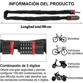 Candado de Cadena de Combinación de 5 Dígitos,Candado de Cadena de Bicicleta con,Candado de Bicicleta Seguro y Protegido para Bicicletas, Motocicletas,Scooter,Puertas y Cercas (90cm)