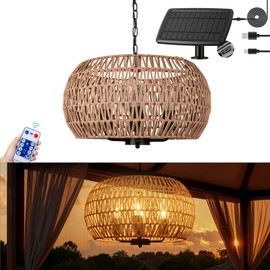 ALL FORTUNE Outdoor Solar Chandelier, 4-Light 19" Rattan Outdoor Chandelier, Hanging Pendant Lights, Waterproof, for Gazebo, Pergola, Porch, Patio