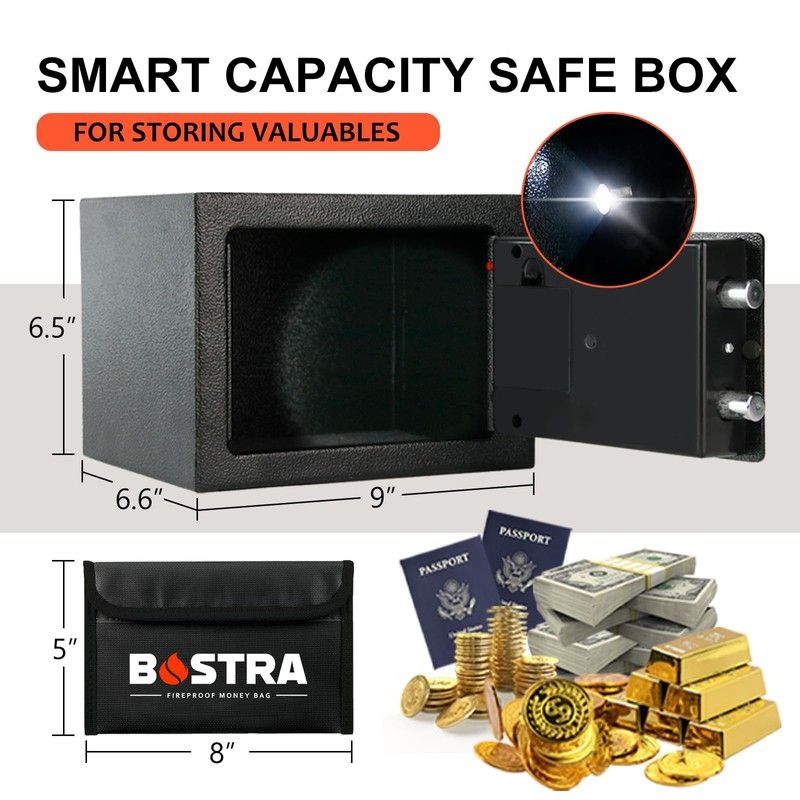 Bostra Fireproof Safe Box with Sensor Light & Fireproof Bag,