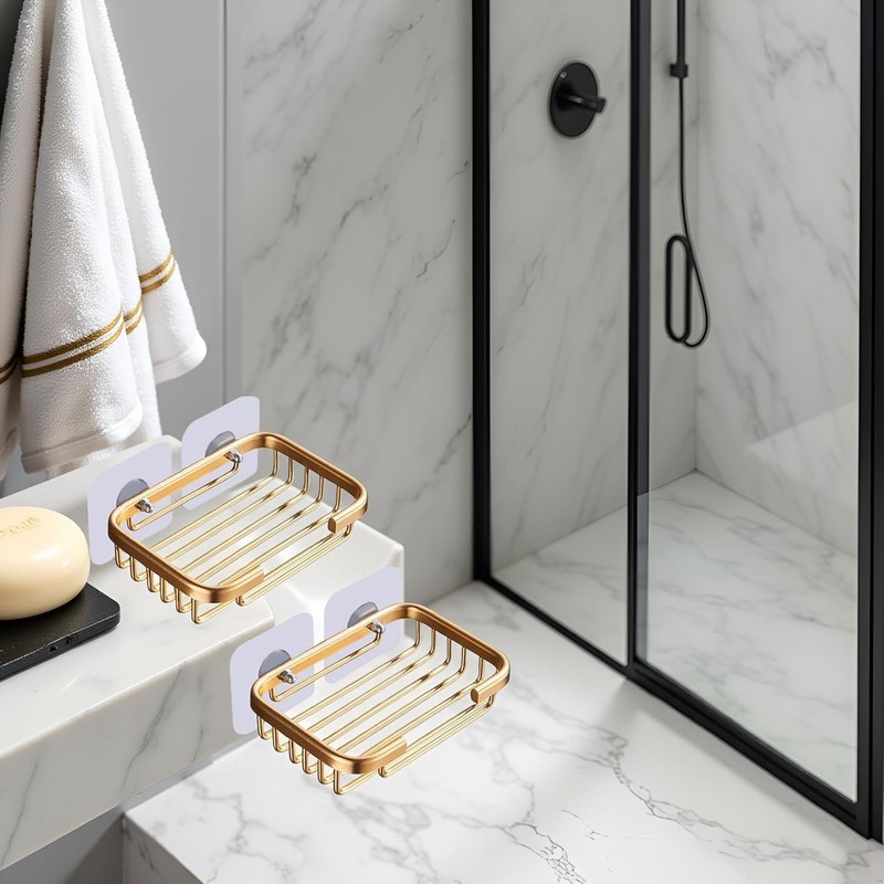 2Pcs Gold Soap Dish for Shower Creative Hanging Drain Rack,
