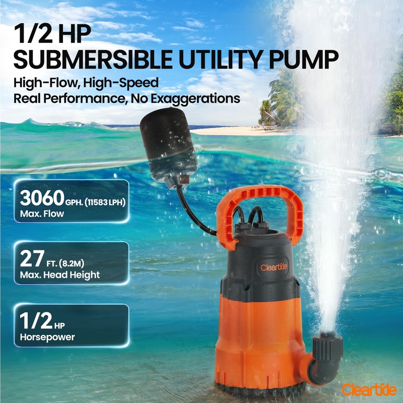 Cleartide Submersible Sump Pump with Tethered Float Switch, 1/2 HP