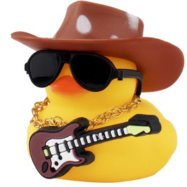 wonuu Rubber Duck Car Ornaments Guitar Duck Cool Car Accessories Car Dashboard Decorations with Cowboy Hat Necklace and Sunglasses, Brown&White