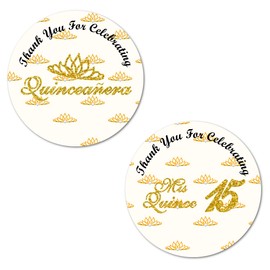 40 Quinceanera Stickers, 2 Inch Big Round Glossy Labels, Thank You for Celebrating Mis Quince 15 Birthday Theme, Great for Party Favors, Tags, Games and Supplies. Made in USA (Gold)