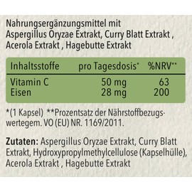 plantrition Eisen Komplex 28MG - komplett natürliches Eisen bei Eisenmangel + Vitamin C aus Acerola und Hagebutten (50MG) Alternative zu Eisentabletten, leichter zu schlucken - 60 Kapseln